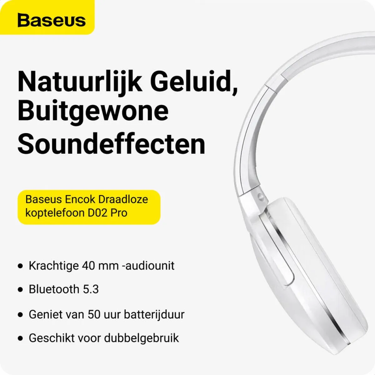 Baseus Encok Pro Draadloze Koptelefoon Bluetooth 5.3 - Wit