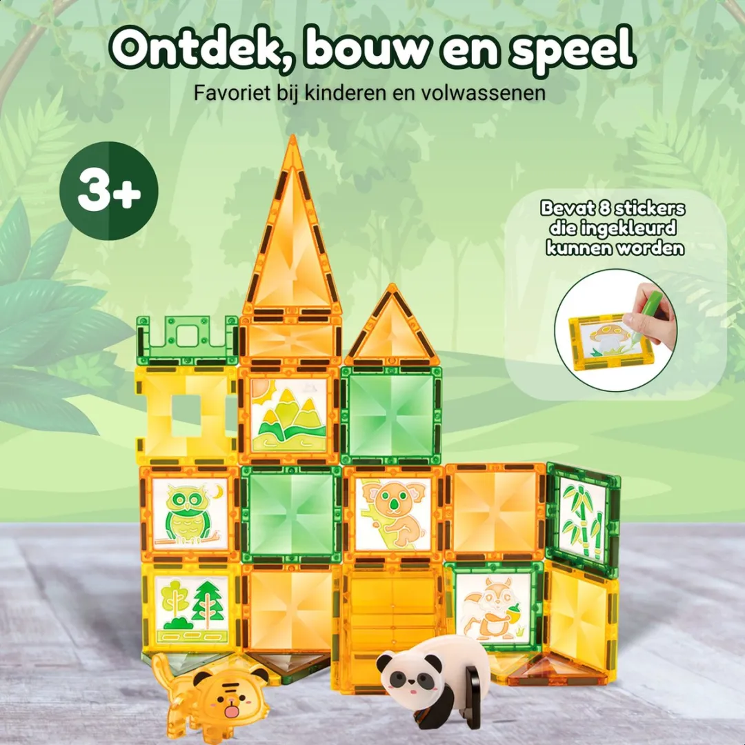Fits4kids Magnetic Tiles Jungle Thema 47 Stuks - Magnetisch Speelgoed