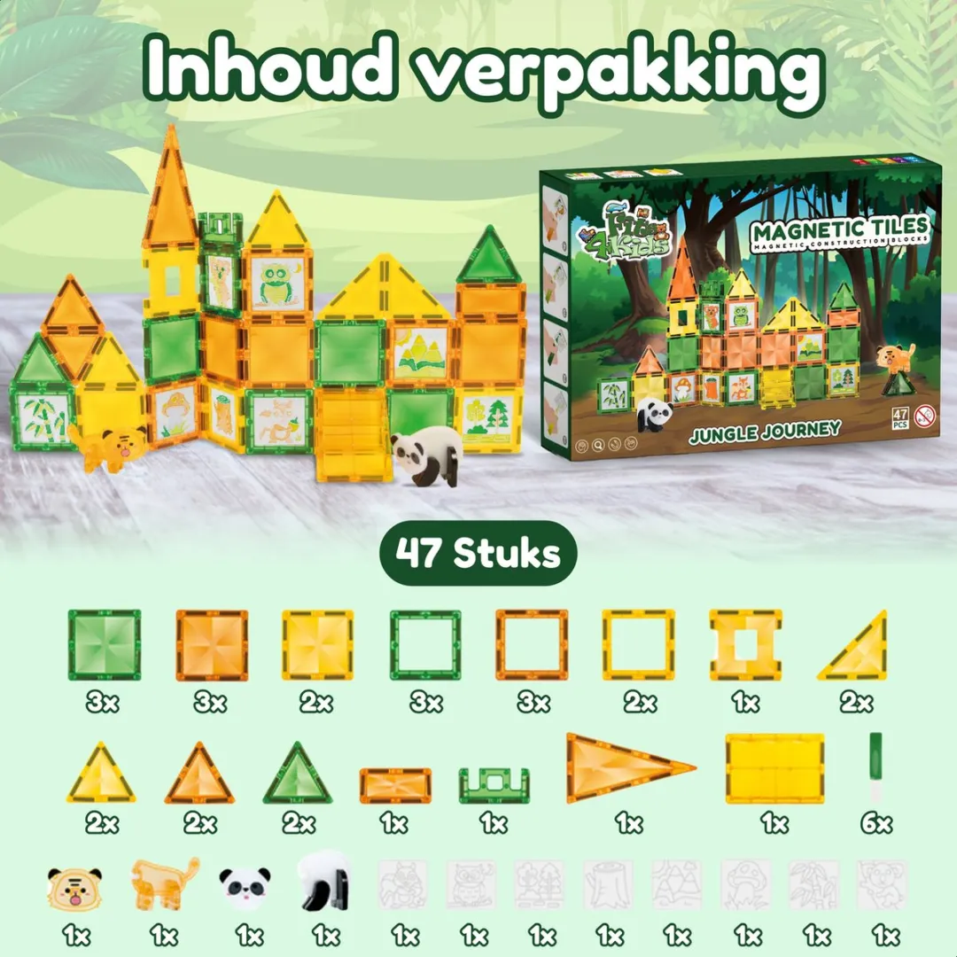 Fits4kids Magnetic Tiles Jungle Thema 47 Stuks - Magnetisch Speelgoed