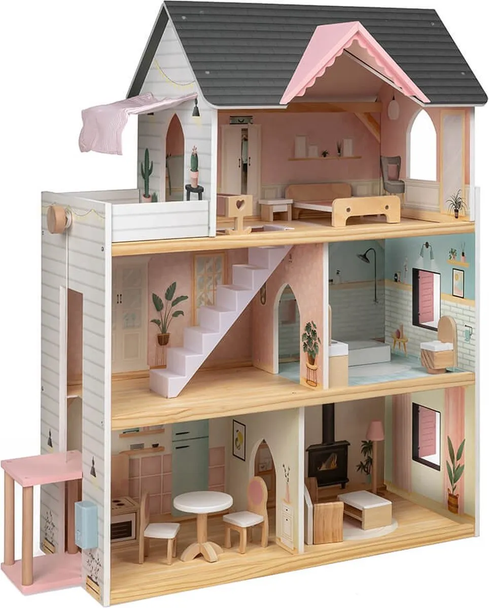 Eurekakids Houten Poppenhuis Roze/Wit