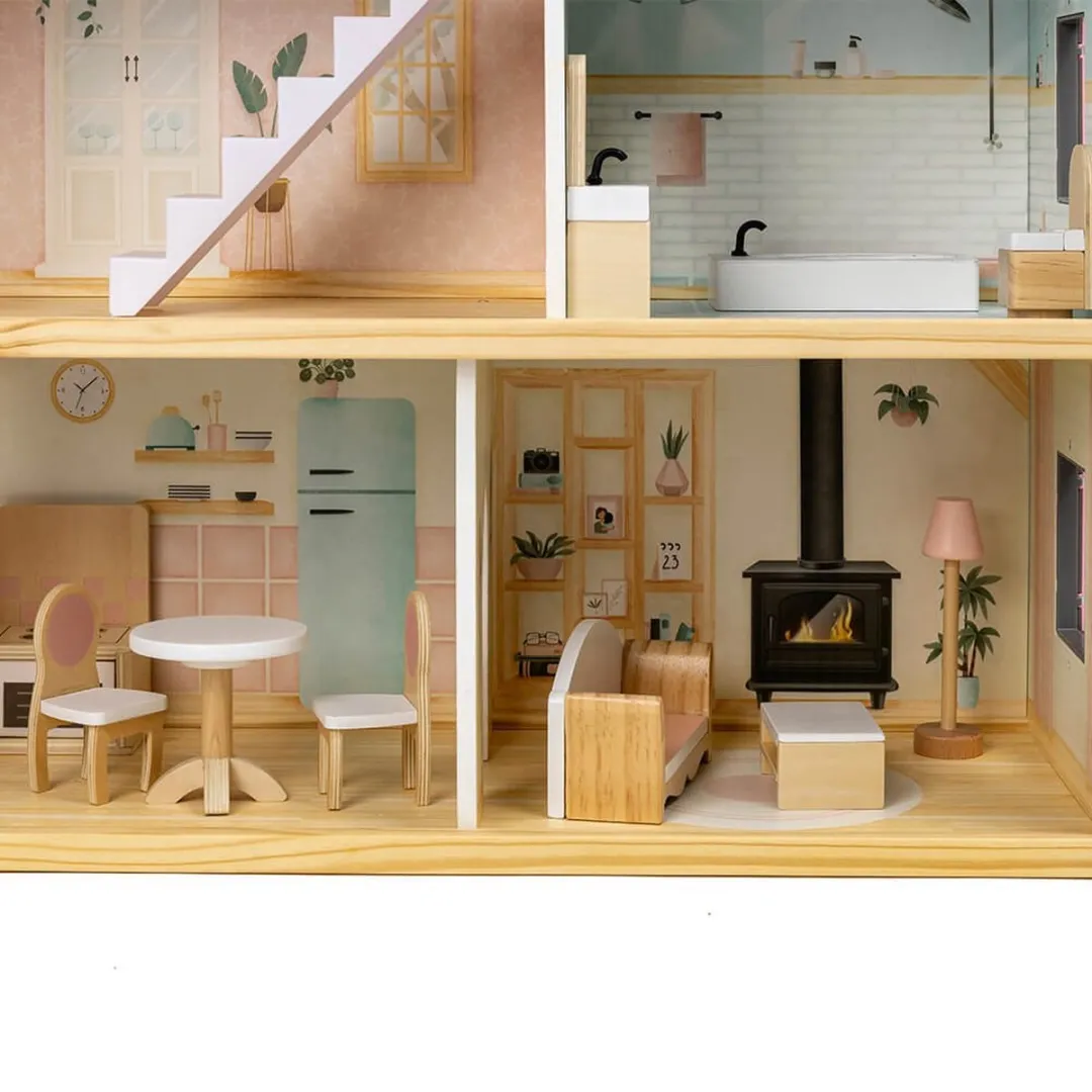 Eurekakids Houten Poppenhuis Roze/Wit - 15 Meubels