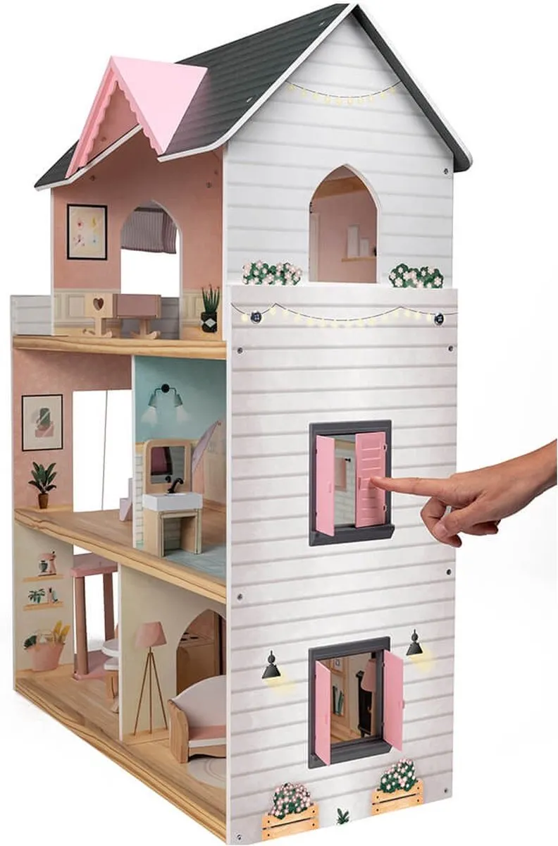 Eurekakids Houten Poppenhuis Roze/Wit - 15 Meubels