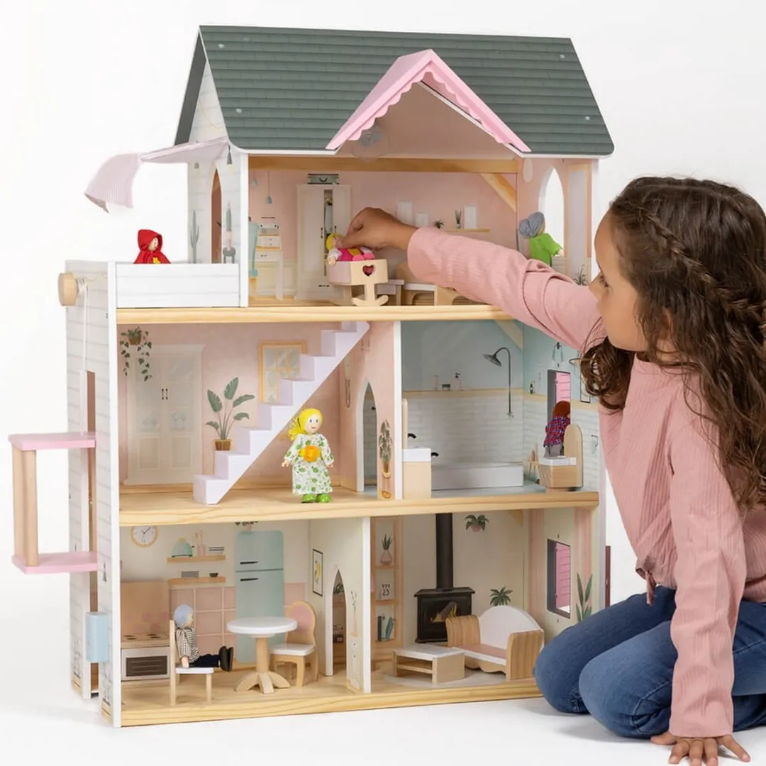 Eurekakids Houten Poppenhuis Roze/Wit - 15 Meubels