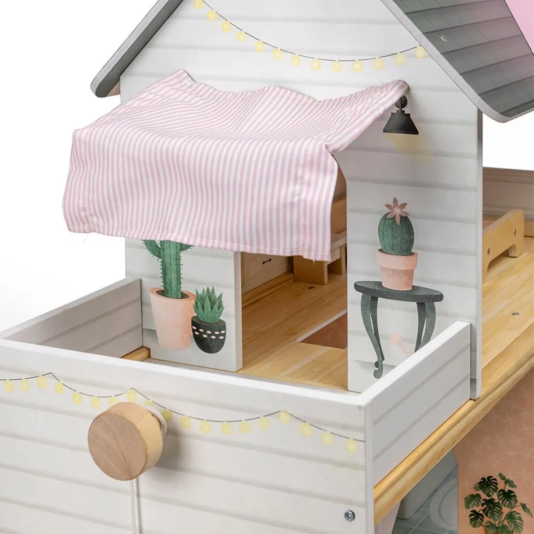 Eurekakids Houten Poppenhuis Roze/Wit - 15 Meubels