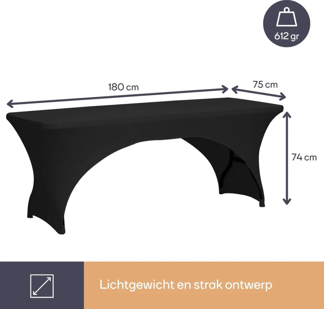 Perel Hoes voor tafel, zwart, rechthoekig met boogvorm, 180 cm x 75 cm x 74 cm
