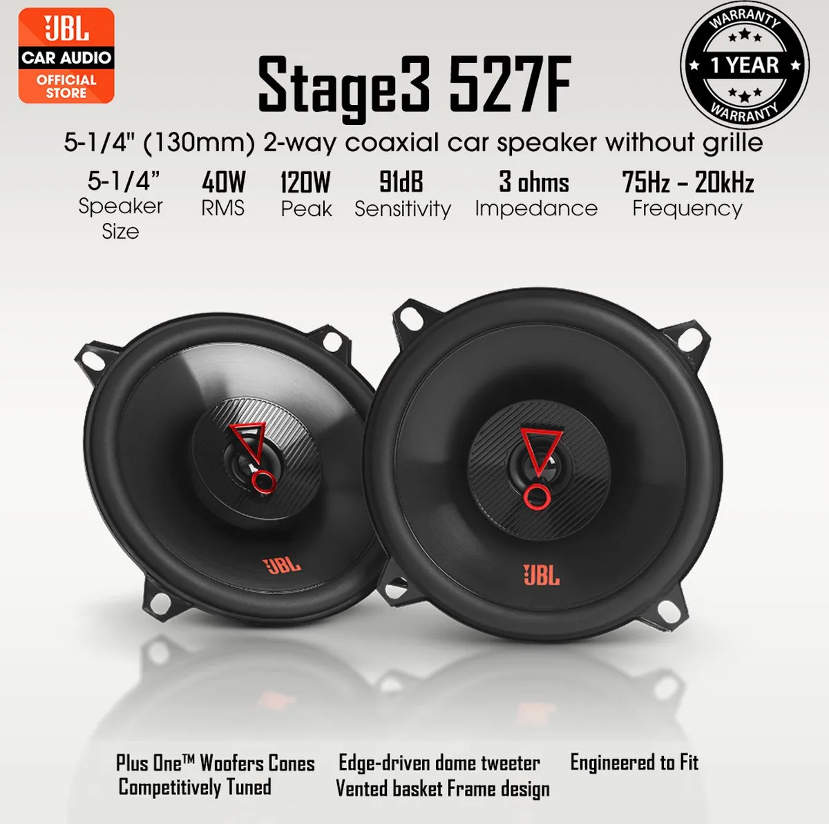 JBL Stage3 527F Autospeakers 200W - 2 Stuks - Zwart