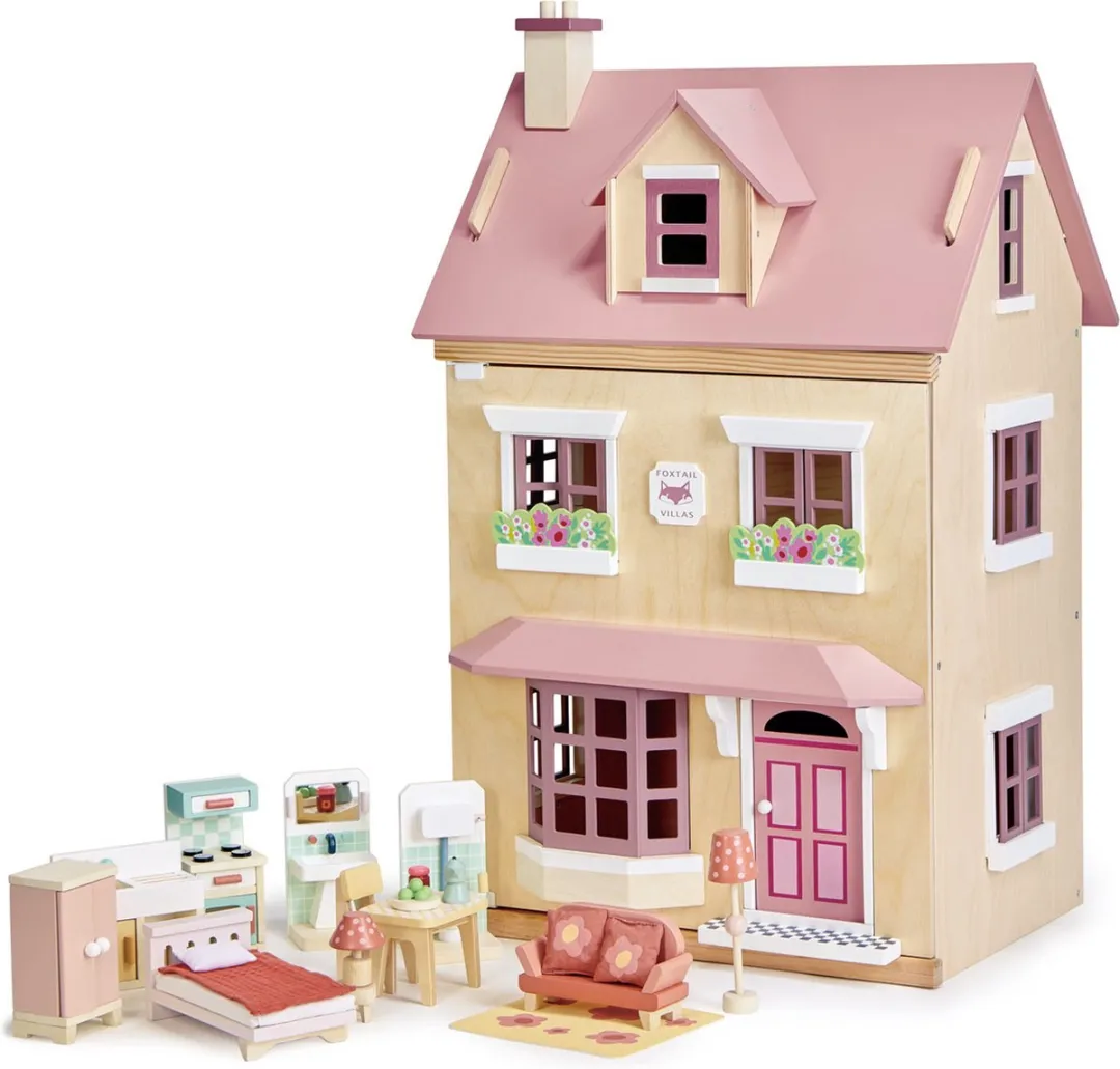 [B] Tender Leaf uniek houten poppenhuis Villa Foxtail XXL 3 verdiepingen inclusief meubels, houten poppen familie en woonkamer meubels- 40 x 72 x 90 cm cm