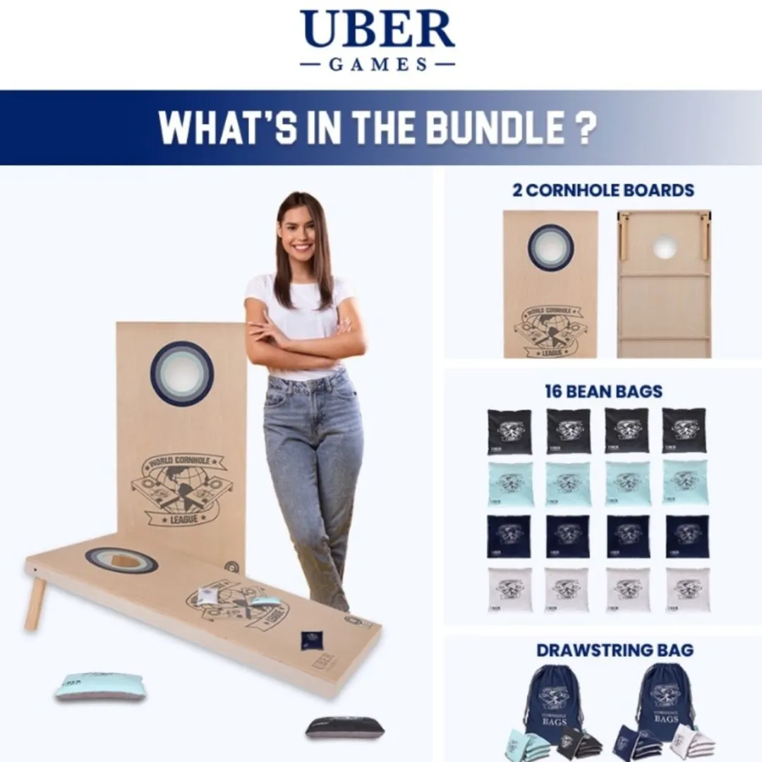 Ubergames World Cornhole League Double Board Set 120x60cm - 16 Bean Bags - Blauw