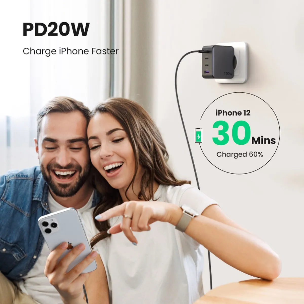 Ugreen Gan 3X 100W USB-C Oplader - Zwart/Grijs