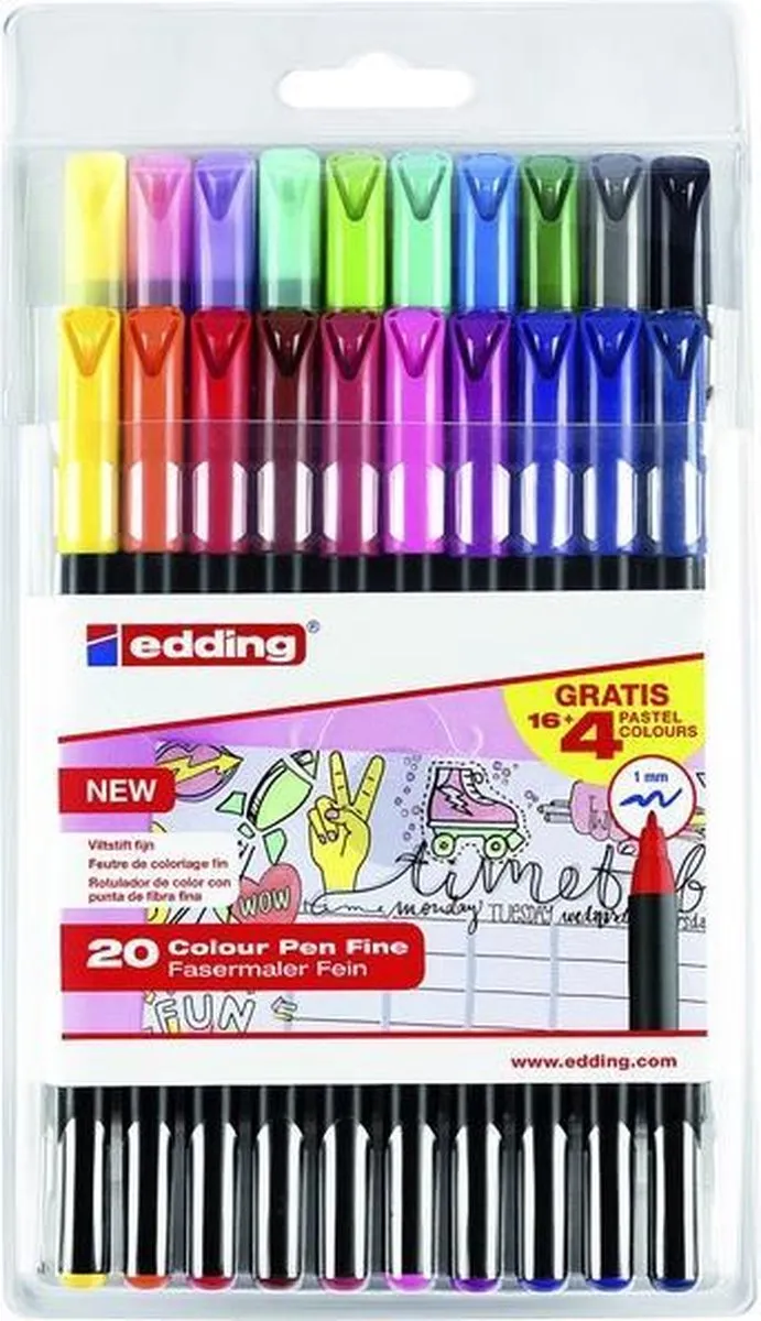 edding 1200 Viltstiften Set 20 Kleuren - 1mm Ronde Punt