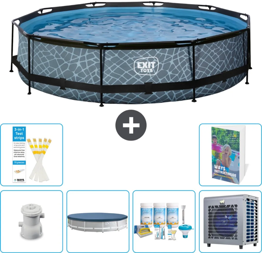 EXIT Rond Stone Frame Zwembad - 360 x 76 cm - Inclusief Pomp Afdekzeil - Onderhoudspakket - Warmtepomp - 7-delig