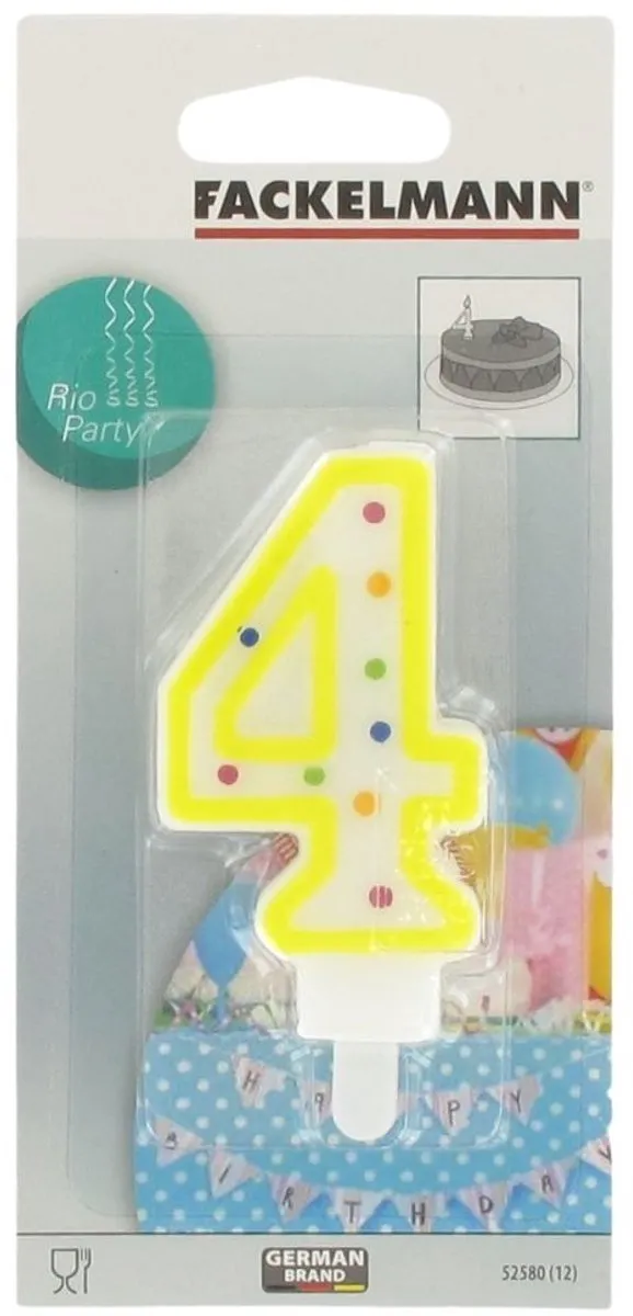 Fackelmann 52580 Kaars 4 jaar, verjaardagskaars, cijferkaars 4, taartkaars, Was, Plastic, 8,8 x 4,3 cm