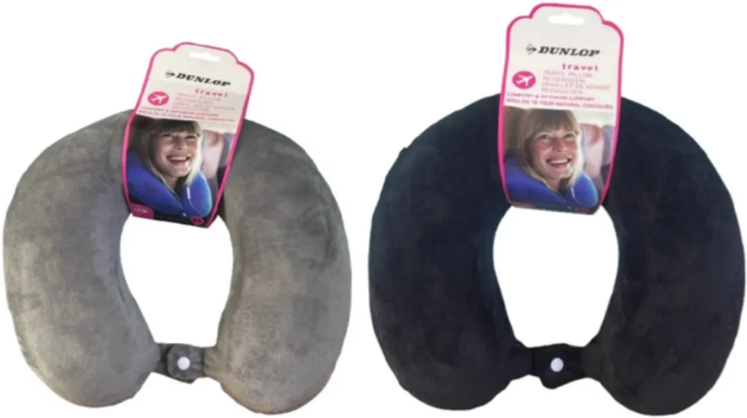 Dunlop Nekkussen – Set van 2 Stuks – Memory Foam – 34 x 29 cm – zwart & Grijs – Ergonomisch Reiskussen voor Auto, Vliegtuig & Trein