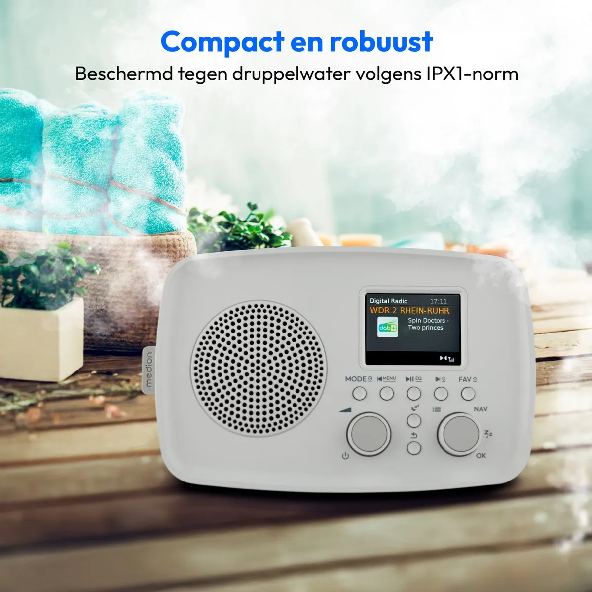 MEDION DAB+ radio met Bluetooth DRE-1 (DAB Plus, FM-radio, druppelbescherming, telescoopantenne, wekker, sluimerfunctie, instelbare display-dimmer, ASA-noodwaarschuwingssysteem), grijs