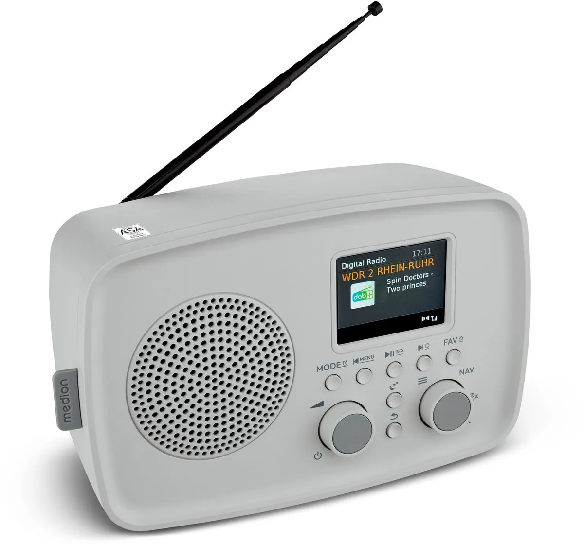MEDION DAB+ radio met Bluetooth DRE-1 (DAB Plus, FM-radio, druppelbescherming, telescoopantenne, wekker, sluimerfunctie, instelbare display-dimmer, ASA-noodwaarschuwingssysteem), grijs