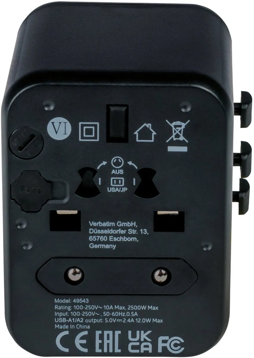 Verbatim UTA-01 Universele Reisadapter - EU/VK/VS - 2x USB-A - afbeelding 6 van 6