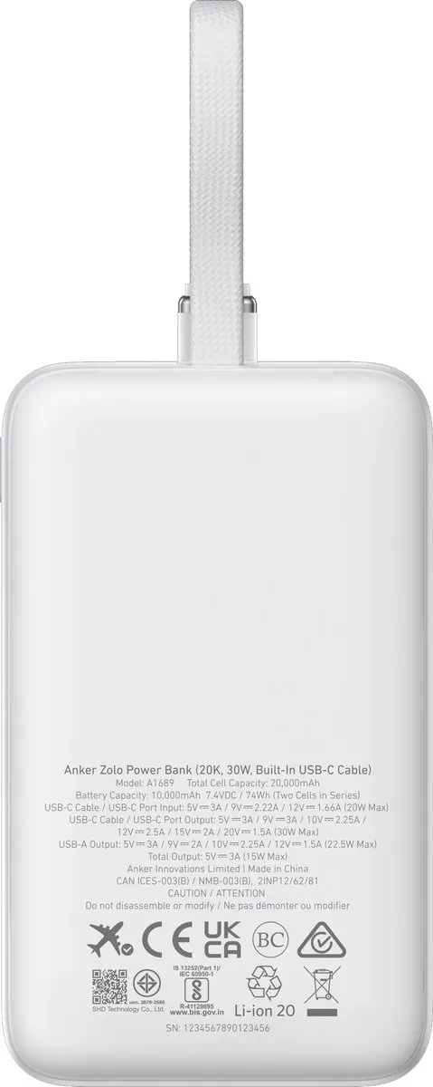 Anker Zolo Powerbank A1689021 20.000mAh - 30W - Wit