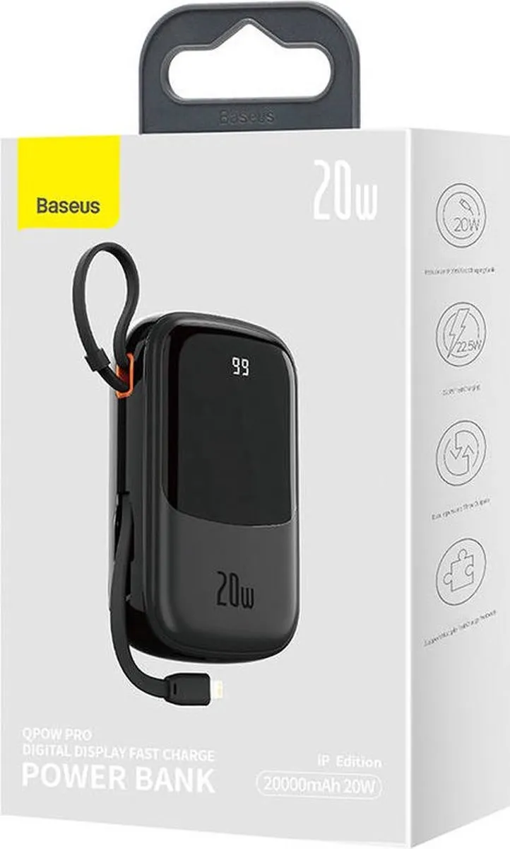 Baseus Qpow Digital Display Powerbank 20000mAh 20W - Zwart