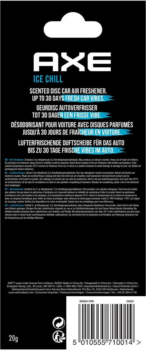 AXE 3D Luchtverfrisser Ice Chill - Verspreidt heerlijke natuurlijke geuren - Frozen Mint and Lemon - Werkt tot 30 dagen - Aan binnenspiegel