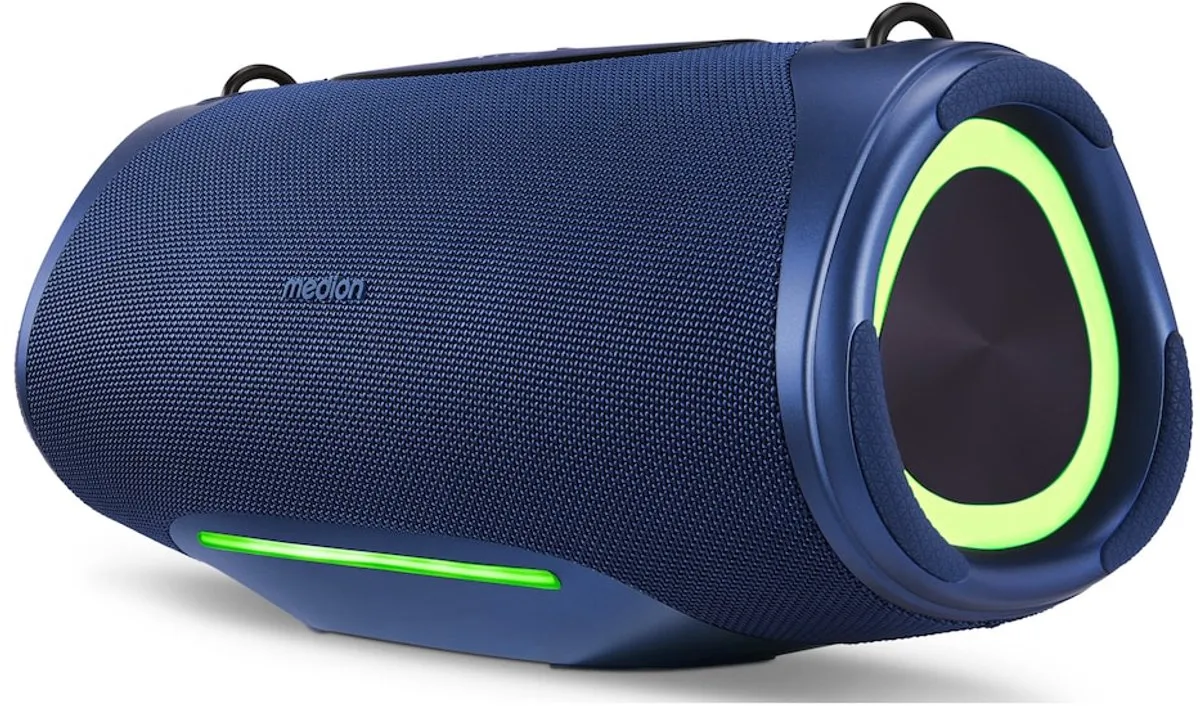 MEDION P61762 draagbare Bluetooth luidspreker (oplaadbare batterij, bass boost, RGB lichteffecten, IPX7 waterbescherming & robuust, geïntegreerde powerbank, 2x 25 W RMS) Blauw