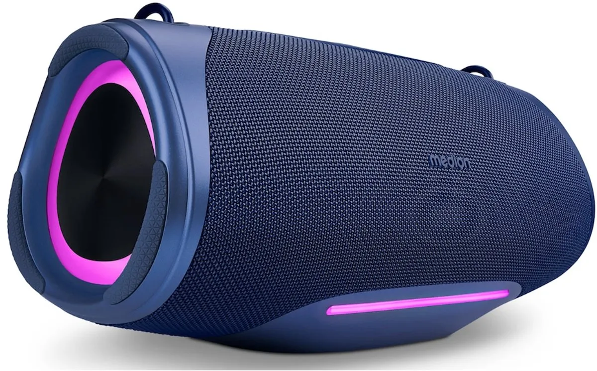 MEDION P61762 draagbare Bluetooth luidspreker (oplaadbare batterij, bass boost, RGB lichteffecten, IPX7 waterbescherming & robuust, geïntegreerde powerbank, 2x 25 W RMS) Blauw