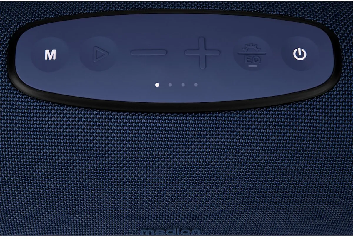 MEDION P61762 draagbare Bluetooth luidspreker (oplaadbare batterij, bass boost, RGB lichteffecten, IPX7 waterbescherming & robuust, geïntegreerde powerbank, 2x 25 W RMS) Blauw