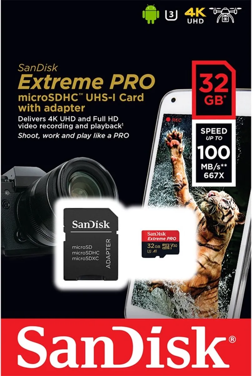 SanDisk Extreme Pro Micro SDHC 32GB SDSQXCG-032G-GN6MA - met adapter