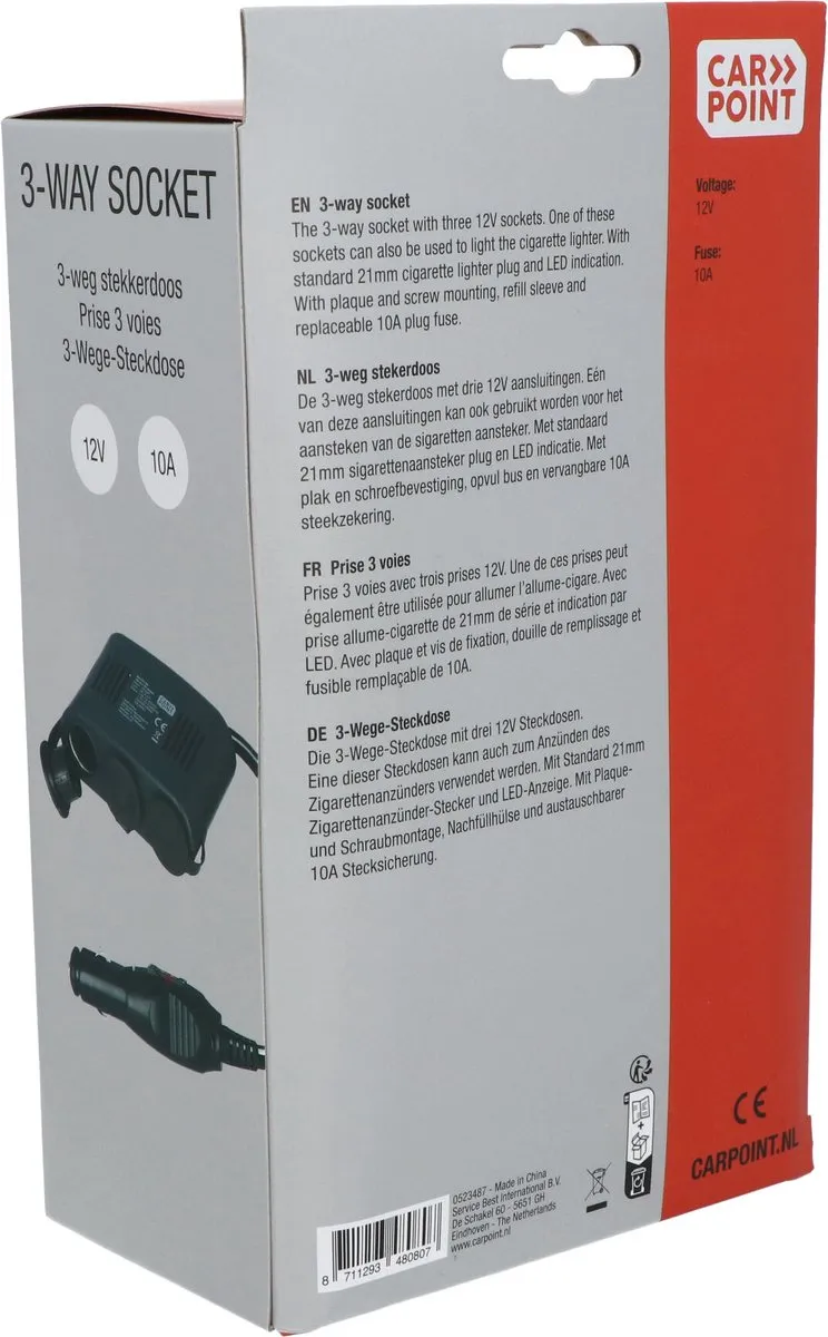 Carpoint LED 3-weg Aanstekerdoos 12V 10A - Zwart