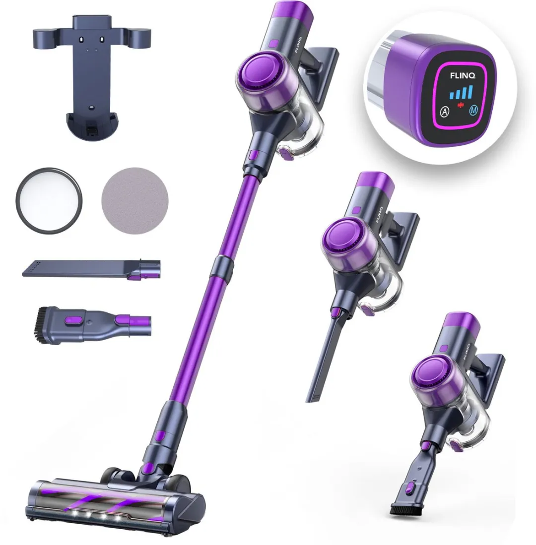 FlinQ Vacuum Cleaner V12 Pro - Steelstofzuiger Draadloos - Stofzuiger zonder Zak - Met Duurzame Accu - Snoerloos en geschikt als Kruimeldief - Paars