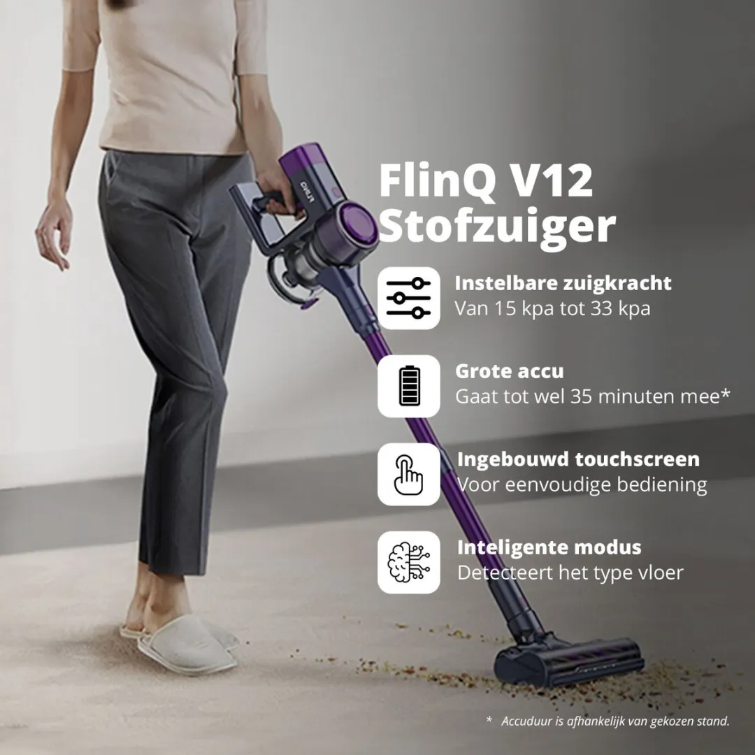 FlinQ Vacuum Cleaner V12 Pro - Steelstofzuiger Draadloos - Stofzuiger zonder Zak - Met Duurzame Accu - Snoerloos en geschikt als Kruimeldief - Paars