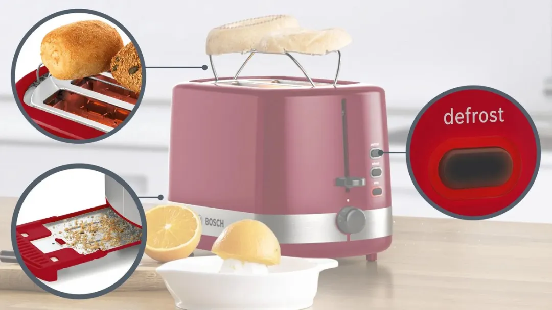 Bosch TAT6A514 Broodrooster 2 Sneden 800W - Rood - afbeelding 2 van 6