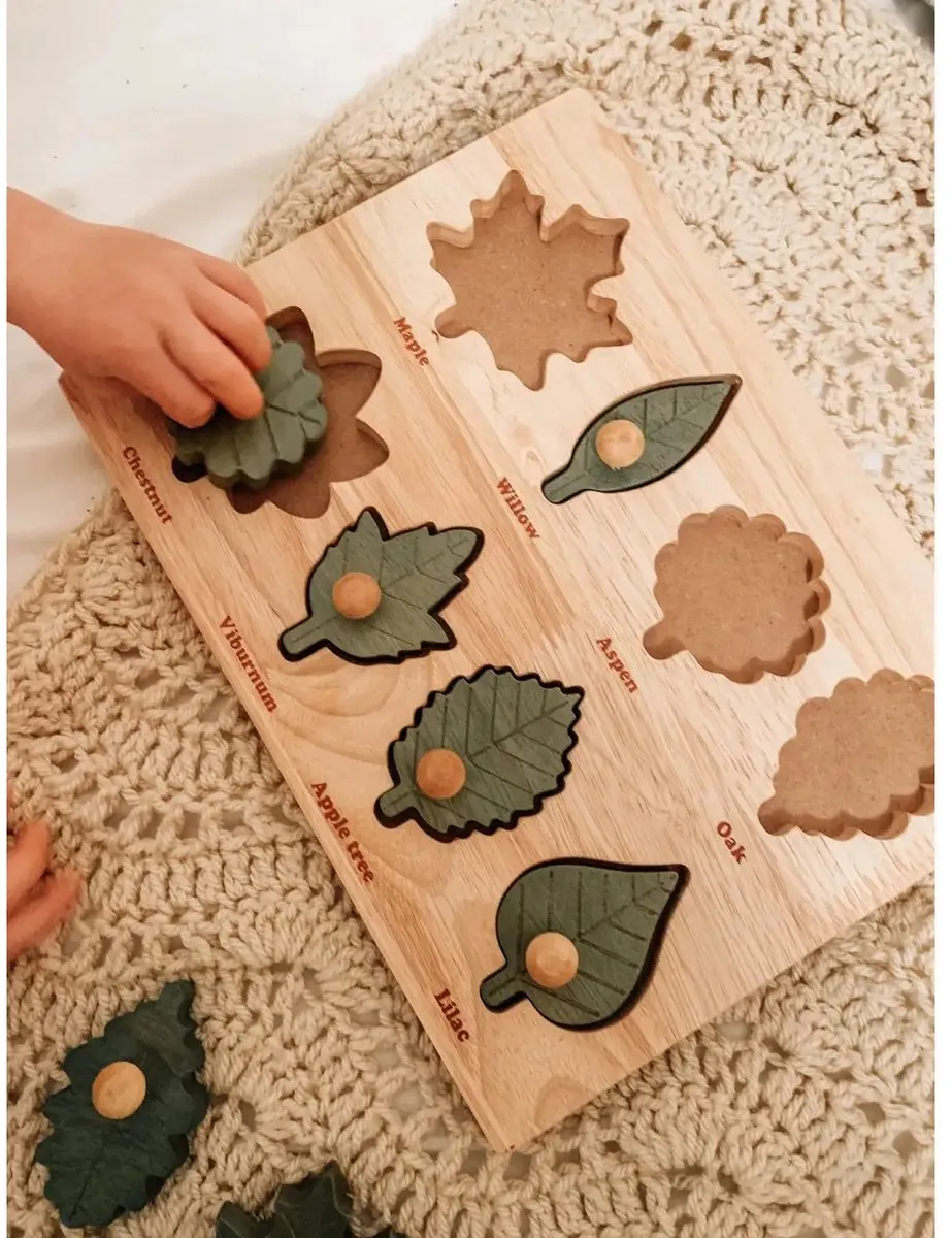 Montessori bladpuzzel van hout – educatief speelgoed natuur