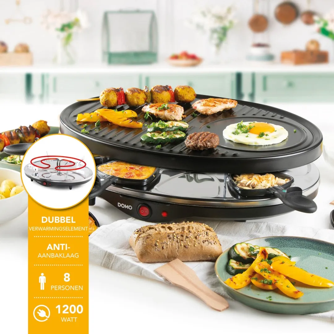 Domo DO9038G Raclettegrill 8 Personen - 1200W Zwart