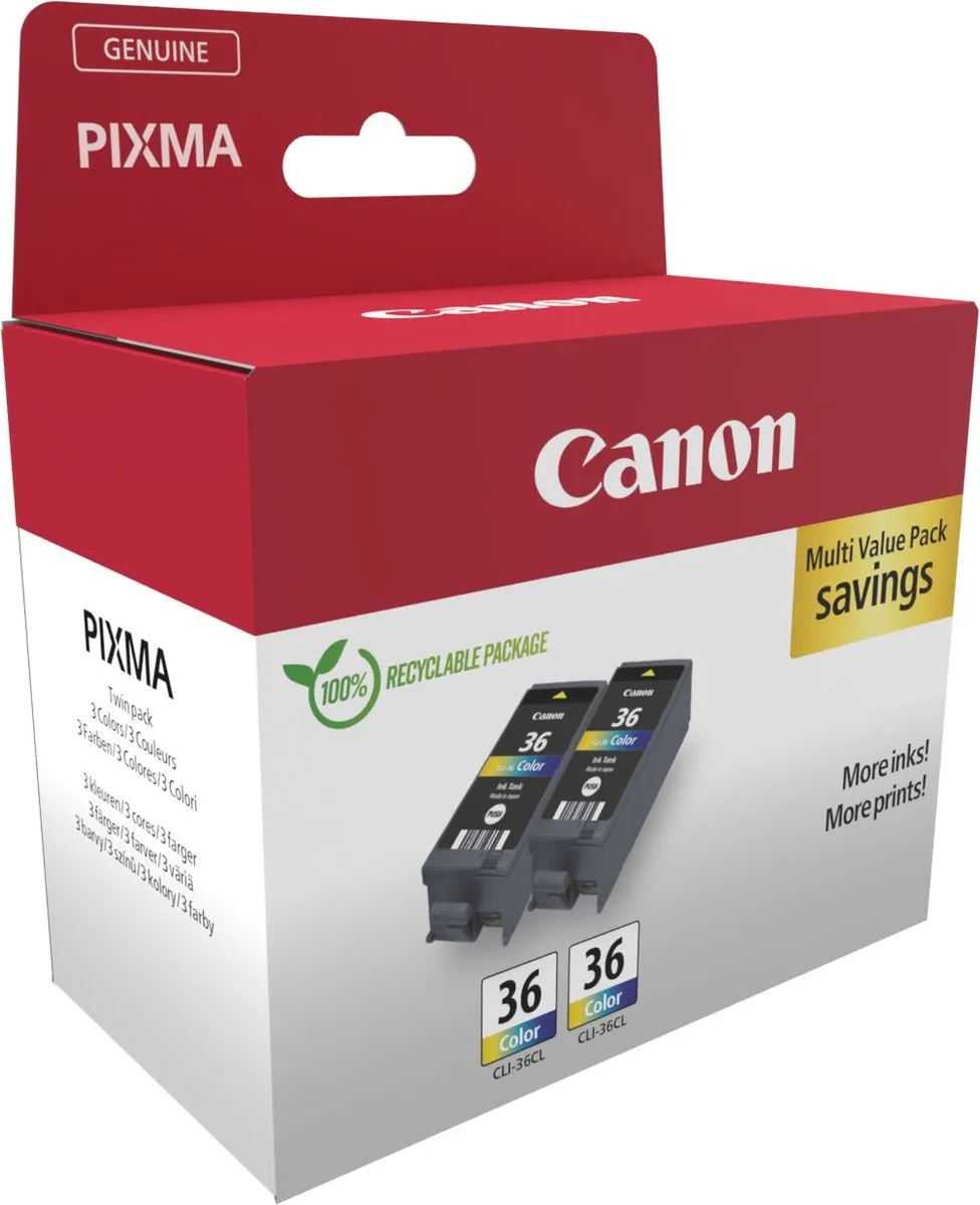 Canon CLI-36 CL Twin Pack Inktcartridge - 2 Stuks - Zwart/Cyaan/Magenta/Geel
