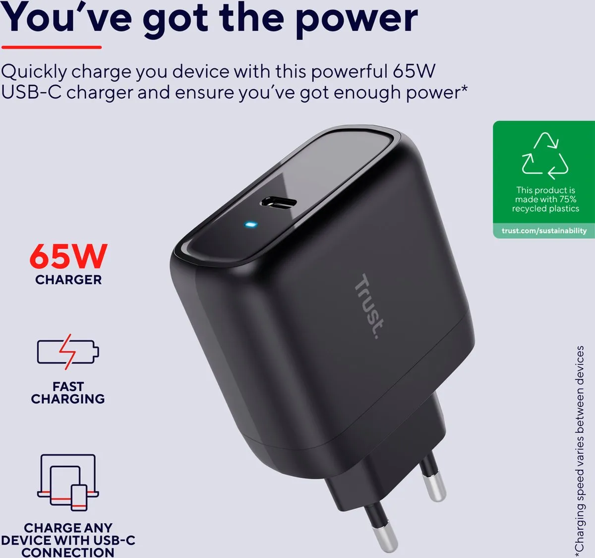 Trust Maxo Laptoplader 65W USB-C - 2m - Zwart