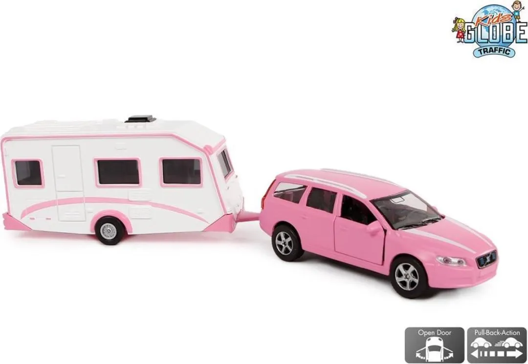 Kids Globe Volvo V70 met Caravan 30cm - Roze
