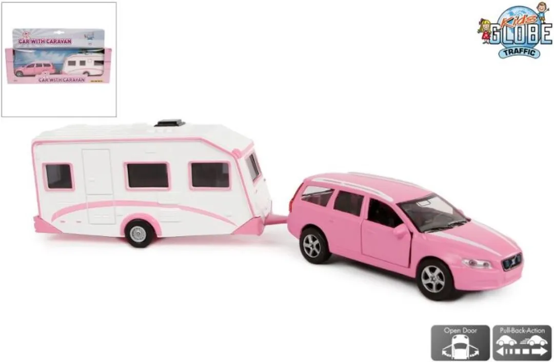 Kids Globe Volvo V70 met Caravan 30cm - Roze