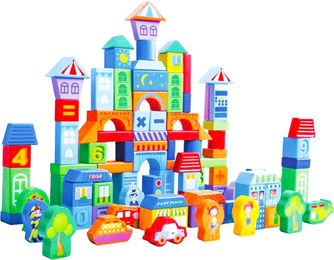 ECOTOYS Houten Blokken Stad Thema - 100 Stuks