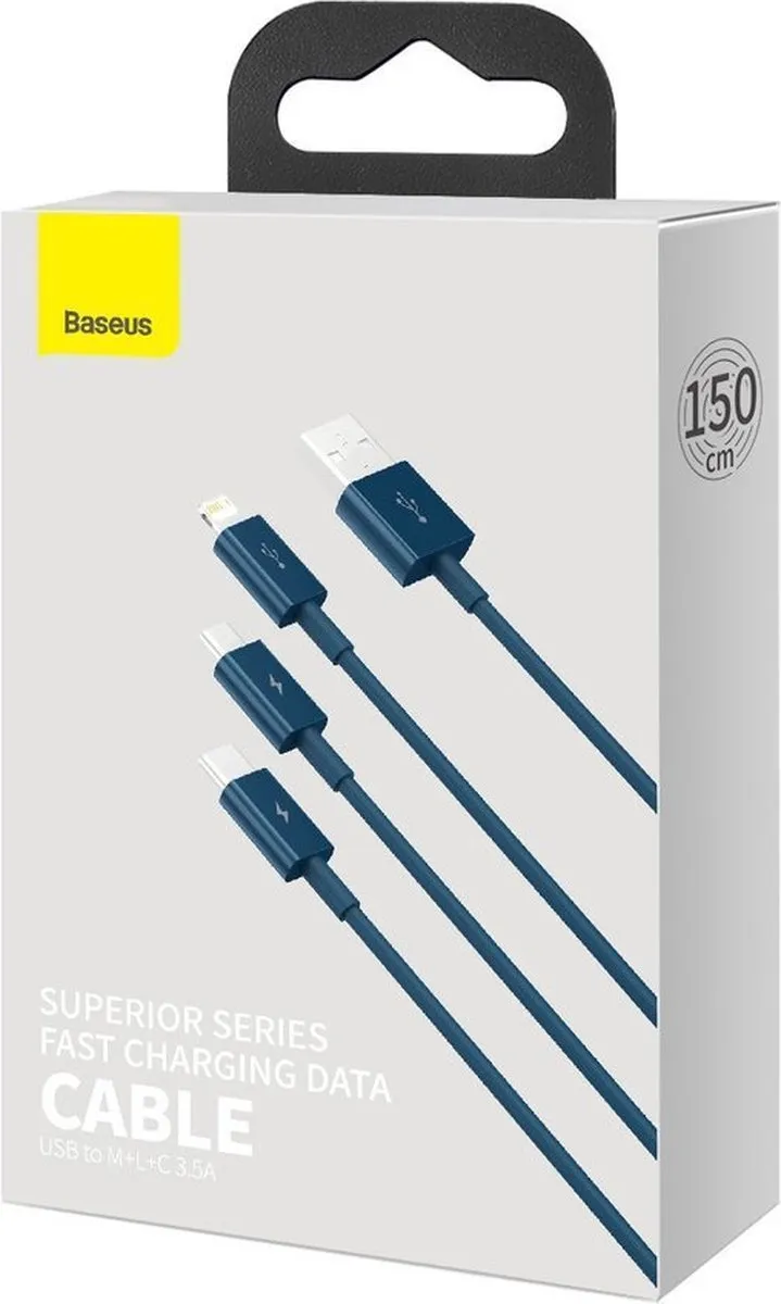 Baseus Superior 3in1 USB-kabel Lightning/USB-C/microUSB 3.5A 1.5m - Blauw - afbeelding 6 van 6