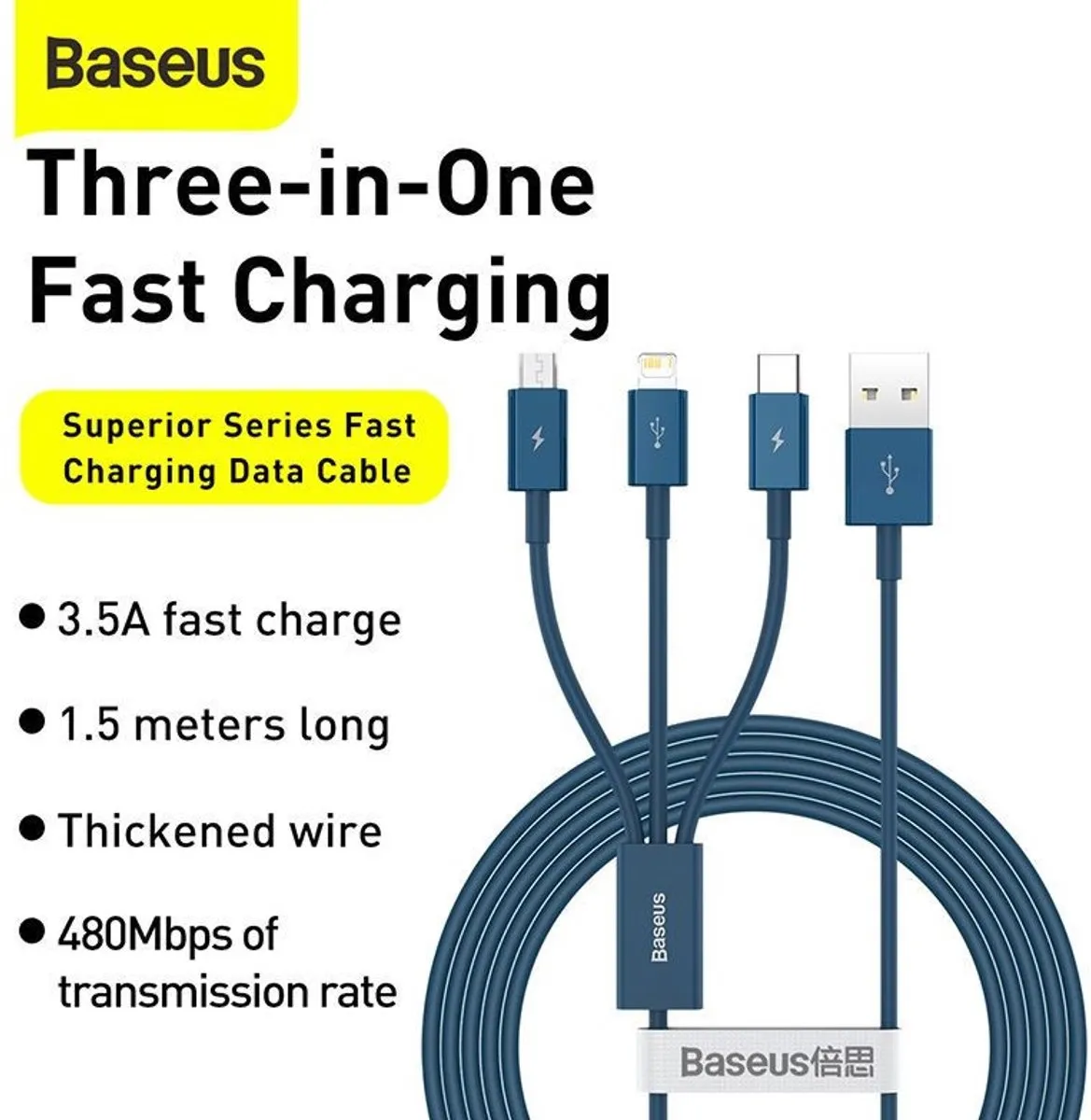 Baseus Superior 3in1 USB-kabel Lightning/USB-C/microUSB 3.5A 1.5m - Blauw