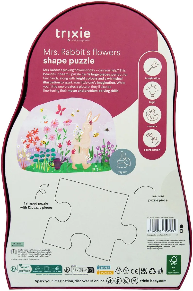 Trixie Mrs. Rabbit Bloemen Vormenpuzzel 12 Stuks