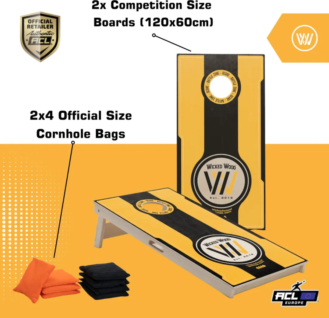 Wicked Wood Games Cornhole Set Battle Zone 120x60cm - 2 Bordjes + 8 Zakjes - Oranje/Zwart/Geel