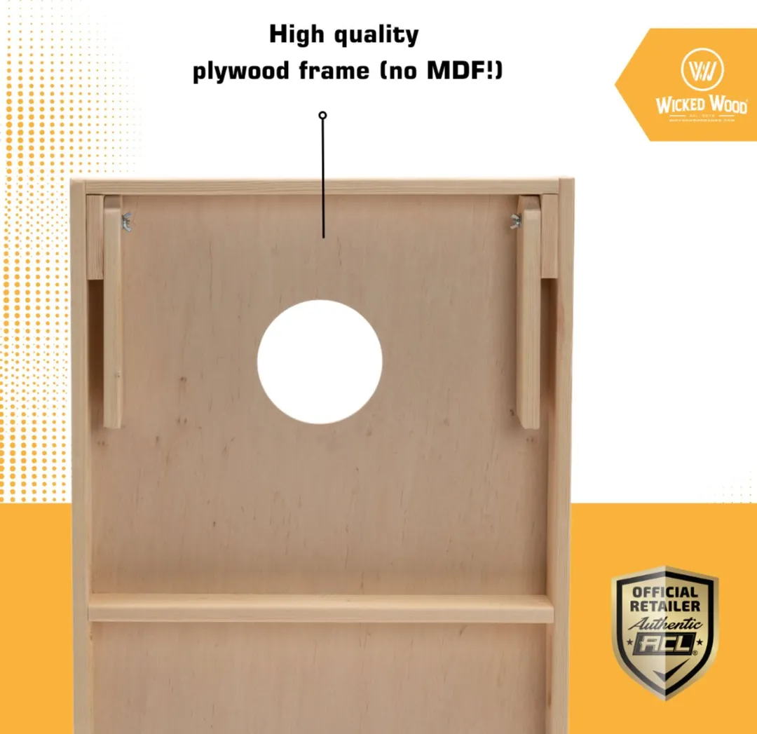 Wicked Wood Games Cornhole Set Battle Zone 120x60cm - 2 Bordjes + 8 Zakjes - Oranje/Zwart/Geel