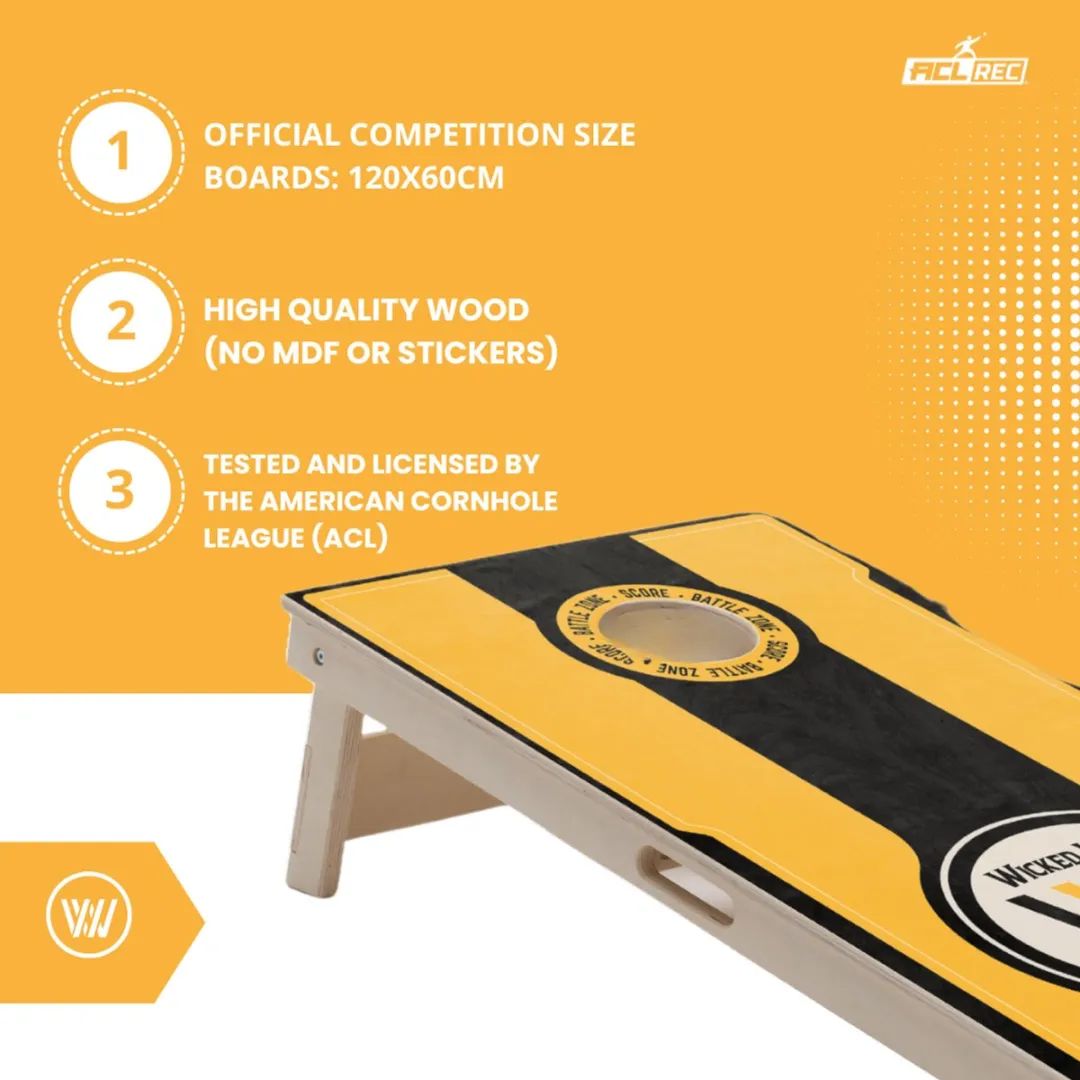 Wicked Wood Games Cornhole Set Battle Zone 120x60cm - 2 Bordjes + 8 Zakjes - Oranje/Zwart/Geel - afbeelding 6 van 6
