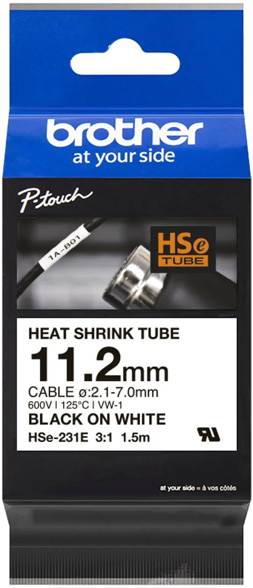 Brother HSE231E Labeltape - Wit/Zwart 11.2mm 1.5m