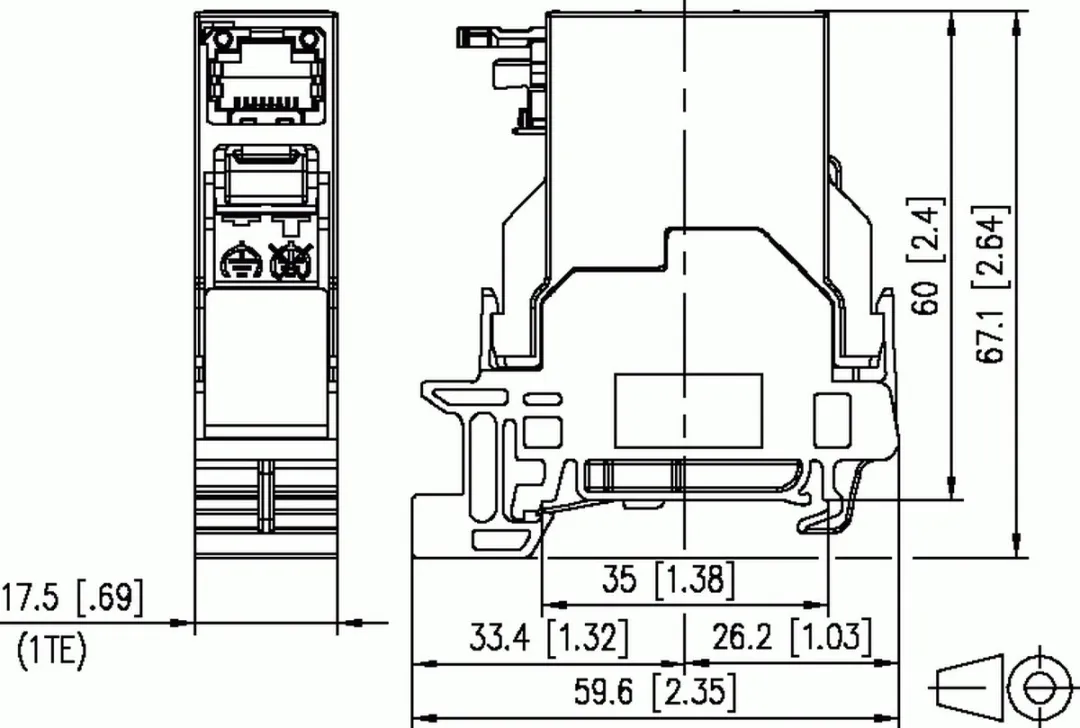 BTR-netwerkdoos voor DIN-railmontage CAT 6 insteekrichting 90° RAL 7035