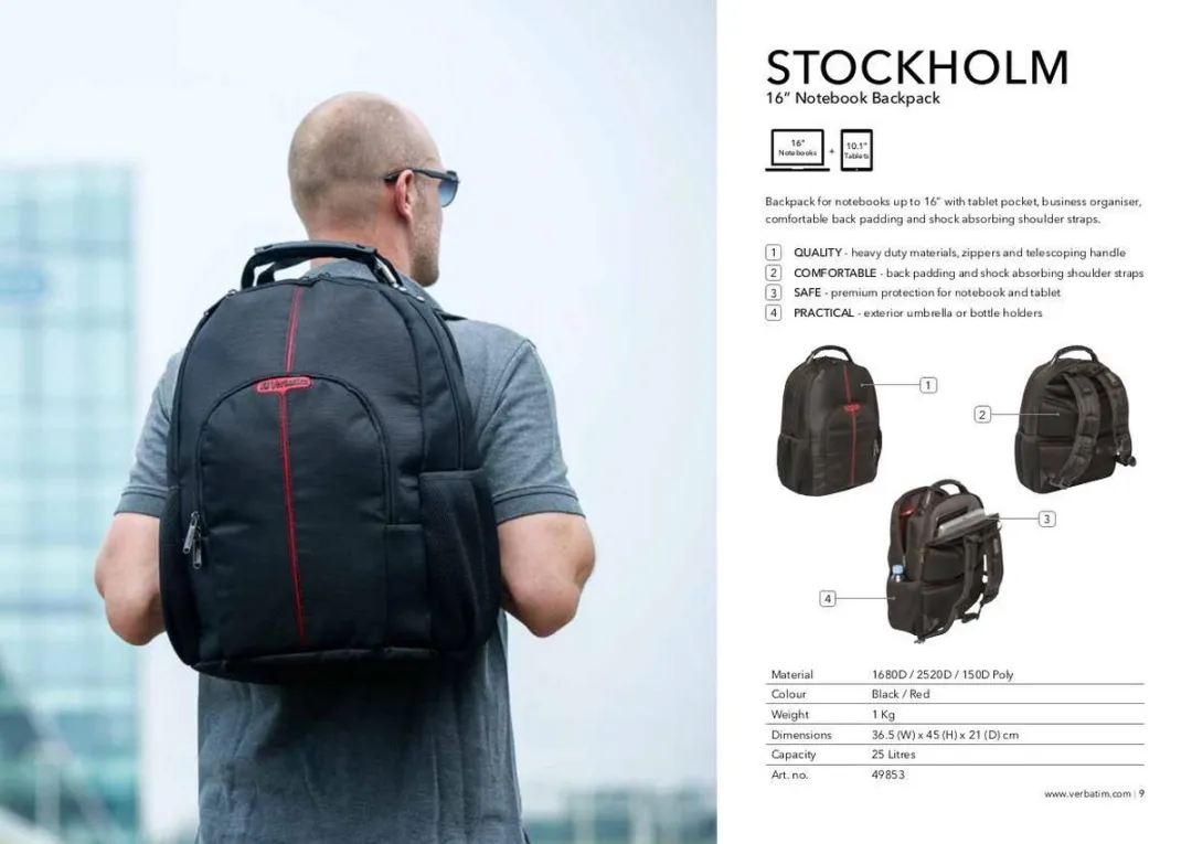Verbatim Stockholm 16" Laptoprugzak - 3 Vakken - Zwart