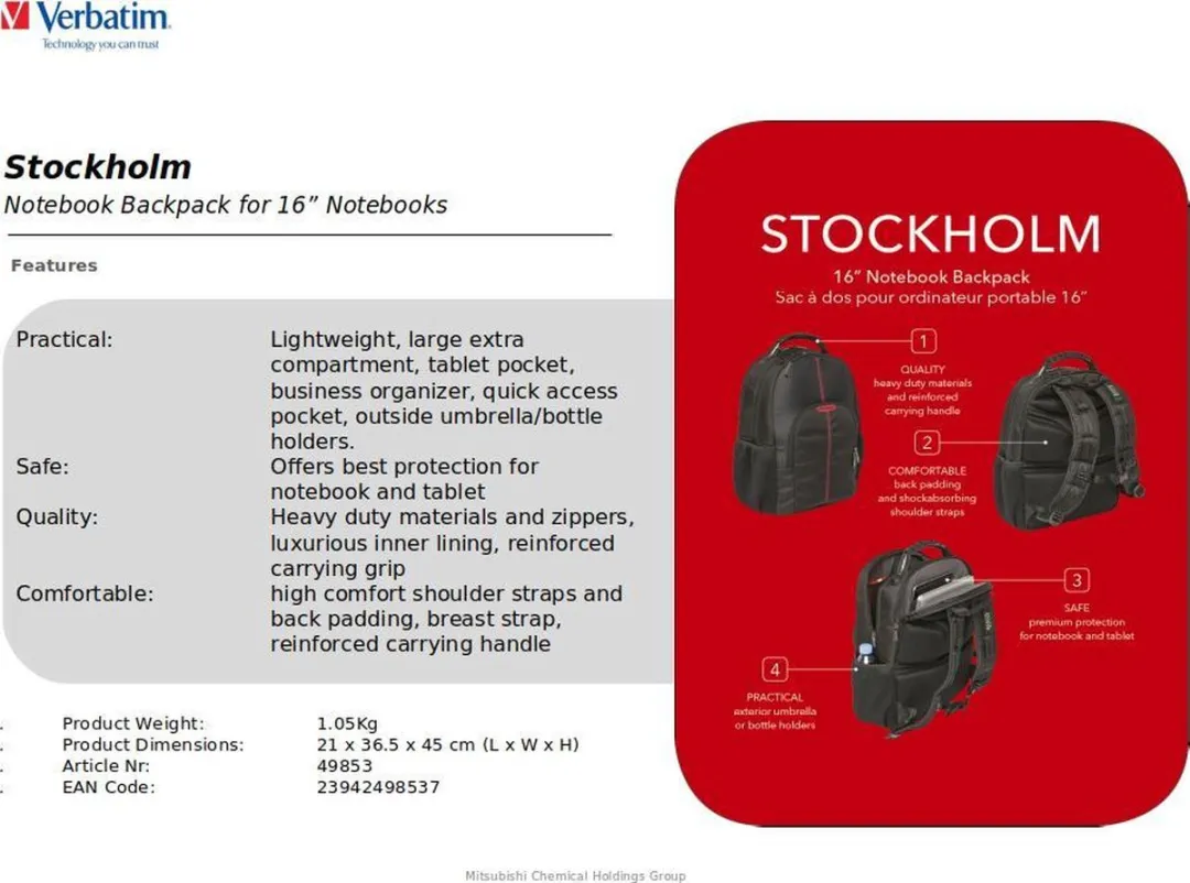 Verbatim Stockholm 16" Laptoprugzak - 3 Vakken - Zwart