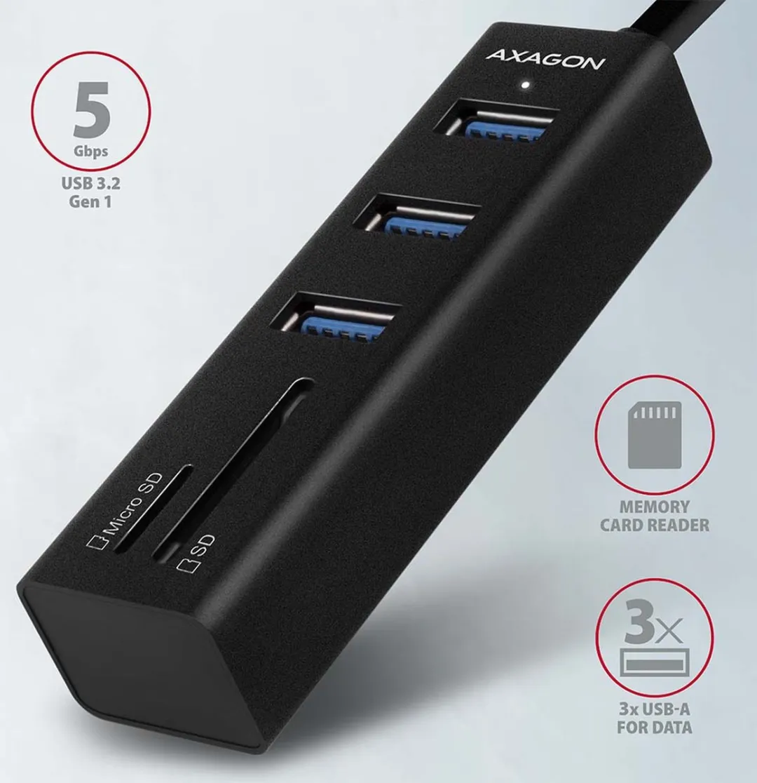 Axagon HMA-CR3A USB Hub Kaartlezer SD/Micro SD - 3 Poorten - Zwart
