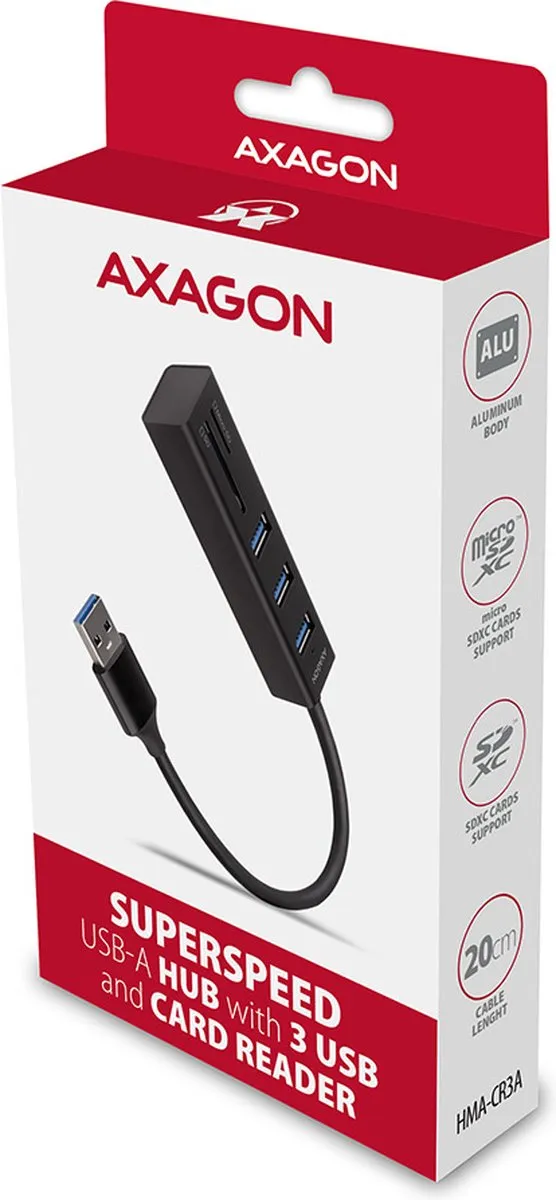 Axagon HMA-CR3A USB Hub Kaartlezer SD/Micro SD - 3 Poorten - Zwart